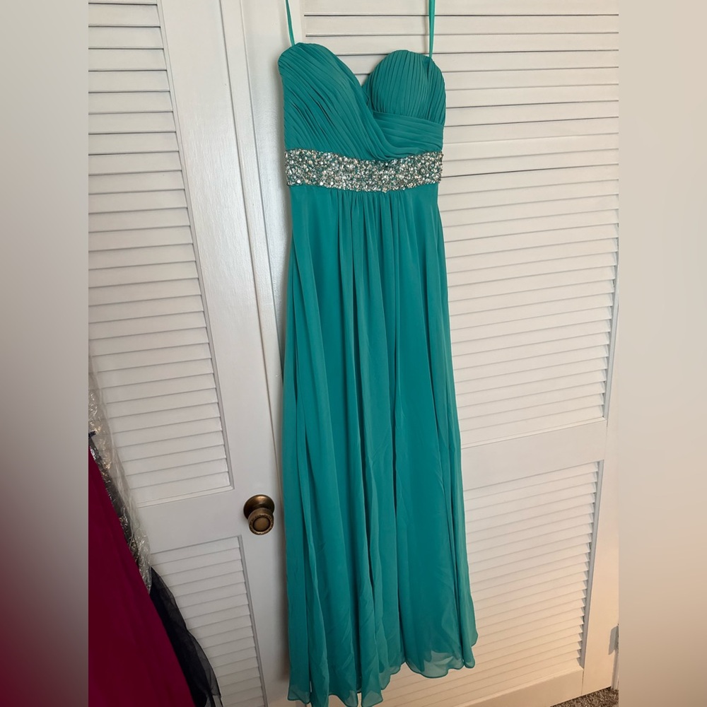 Teal Strapless Prom Dress with Embellished Waist